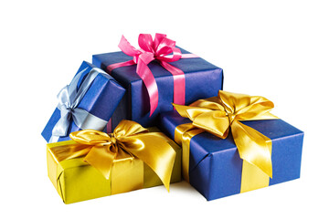 Elegant blue and gold gift boxes with bows isolated on white background.