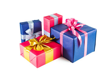 Elegant blue and pink gift boxes with bows isolated on white background.