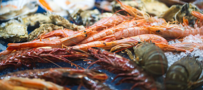 Fresh various seafood and shrimp on a fish market