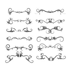 Gold text dividers doodle set. Wedding decorative elements. Divider ornament, borders, floral, vintage line separators. Hand drawn vector illustration isolated on white background.Set page dividers.