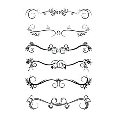 Gold text dividers doodle set. Wedding decorative elements. Divider ornament, borders, floral, vintage line separators. Hand drawn vector illustration isolated on white background.Set page dividers.