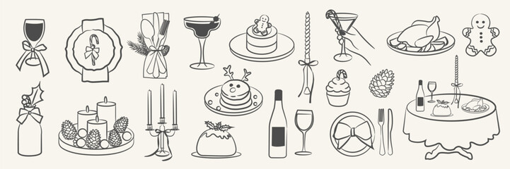 Vintage Christmas dinner doodles set. Hand drawn holiday table elements with wine, roast chicken, candles, pinecones, and festive decorations. minimalist line art for invites, menus, sticker.