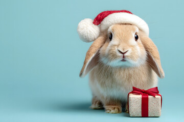 Cute rabbit in a Santa hat with a gift on a blue background