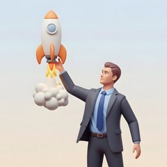 Businessman Launching Rocket Symbol of Success, Startup, and Innovation in Business and Finance