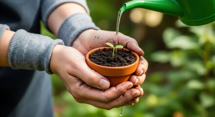 A person's hands holding a small plant pot with a young plant inside, being watered by a green watering can in a garden setting.