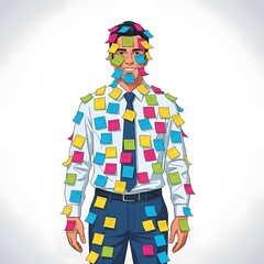 Overwhelmed businessman covered in sticky notes, symbolizing stress and a heavy workload with reminders of tasks