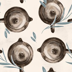 Yixing Chinese Teapots illustration. Seamless hand drawn tea pattern. Clay teapots pattern