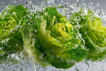 Fresh Green Romaine Lettuce Head Being Washed with Splashing Water for Preparation