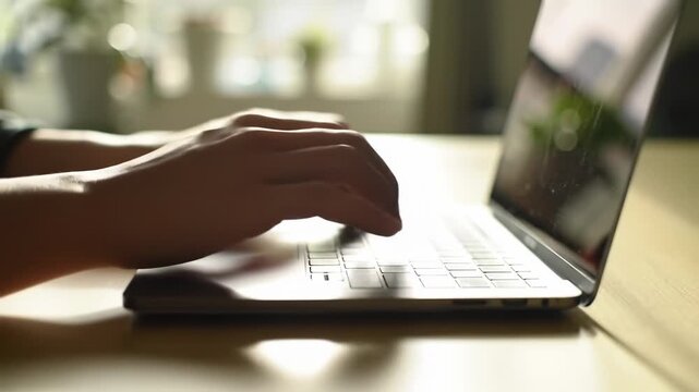 Close-up on laptop keyboard with hand typing, focused on work productivity and digital task