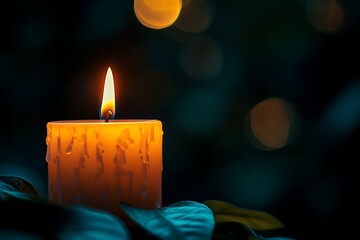 Glowing Candle Flame with Wax Drips and Soft Bokeh Background on Leaves