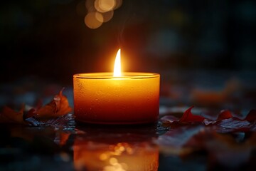 Glowing Candle on a Wet Surface with Falling Leaves Reflecting Light in the Dark
