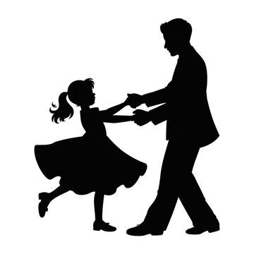 A black silhouette illustration of a man and a young girl dancing in a swing dance pose against a white background.