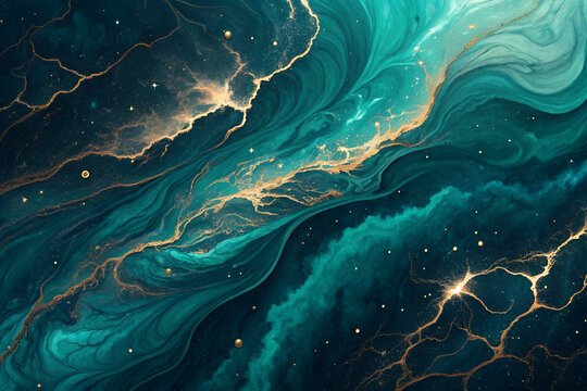 A luxurious abstract background with a teal and gold liquid marble texture, resembling a cosmic nebula or elegant kintsugi art for modern design.
 Generative Ai. - Powered by Adobe