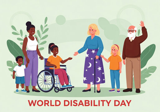 Diverse group of people including children and elderly, some with disabilities, celebrating world disability day together