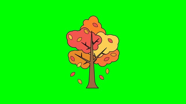 Vibrant fall season tree with multicolored foliage and scattered leaves on green background in simple vector design