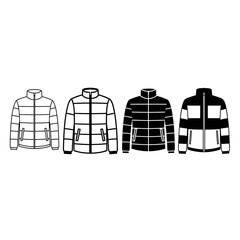 Four stylized illustrations of puffer jackets, showcasing different color schemes and designs.