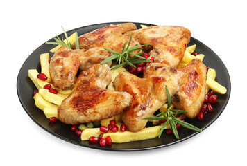 Delicious grilled chicken wings with french fries, pomegranate seeds and rosemary isolated on white