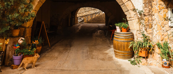 Authentic cafe with barrels and tables near an arched alley in a small European town.