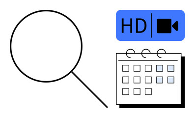 Magnifying glass representing search, HD video icon for quality streaming, and a calendar. Ideal for event planning, webinars, scheduling, video conferencing, digital tools, online meetings simple