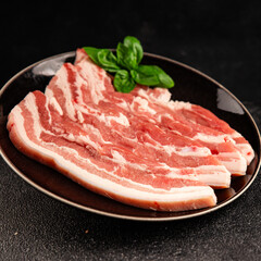 Bacon slice lard with meat slices pieces pork tenderloin portion size natural product tasty snack fresh delicious gourmet food background on the table rustic top view copy space