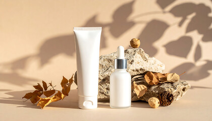 Cosmetic cream tube and glass dropper bottle mockup on beige studio background. Surrounded by natural props like stone, dried leaves, and shadow of plants.