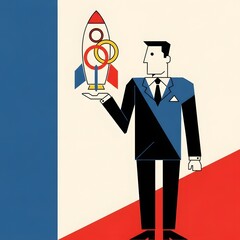 Conceptual illustration of a businessman holding a rocket, symbolizing a global launch, ambition, and national enterprise with a tricolor background