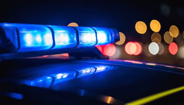Flashing blue emergency lights of a police vehicle illuminate a dark city street during a nighttime incident