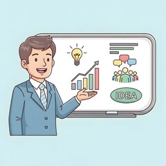 Professional businessman presenting innovative business concepts, strategic growth plans, and collaborative team ideas on a whiteboard illustration for corporate strategy and success