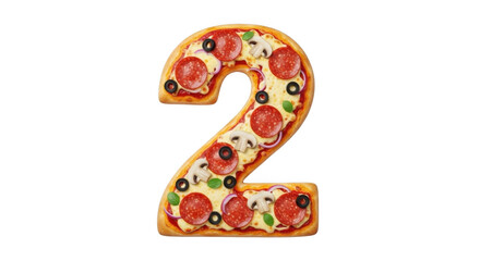 A delicious pepperoni and olive pizza shaped like the number two isolated on transparent background