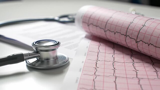 Close-up video of a gray stethoscope, health insurance documents, and ECG printout on a pristine white desk, illuminated by soft clinical light. Healthcare documentation concept