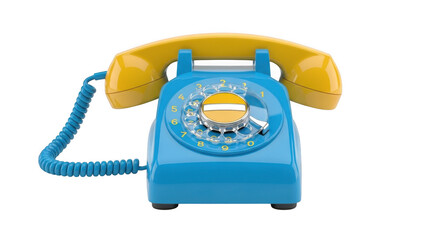 Retro blue and yellow rotary dial telephone with coiled cord isolated on transparent background