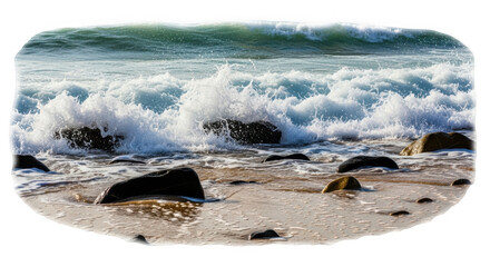 Powerful ocean waves crashing against rocky shoreline isolated on transparent background