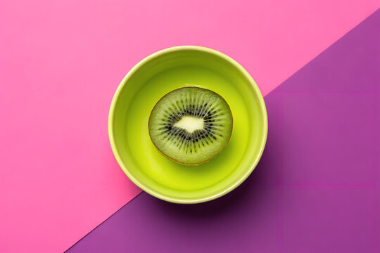 A minimalist flat lay of a fresh kiwi half in a green bowl on a vibrant pink and purple geometric background, symbolizing a healthy diet and food pop art.
 Generative Ai. - Powered by Adobe