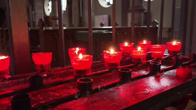 Small candles in plastic cups burning inside a catholic church. Group of red candles, rememberance of the dead during all saints&rsquo; day, or all souls&rsquo; day. At the end a candle goes out.