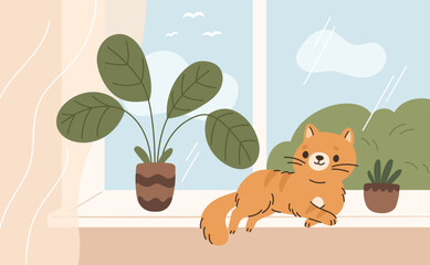Cat at home. Relaxed pet lying on windowsill, cute red kitten, window with indoor flowers, cozy room part with plants, meow character cartoon flat style isolated garish vector concept