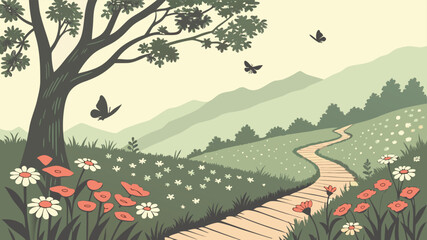 Vibrant spring landscape view of a green meadow and forest with trees and flowers under a blue sky and white clouds