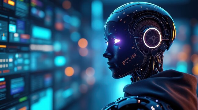 A futuristic robot head with glowing elements, set against a backdrop of digital screens displaying data and graphics. - Powered by Adobe