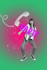 Collage of funny guy girl with obsolete disco ball telephone boombox over sequins in vibrant retro party dance scene