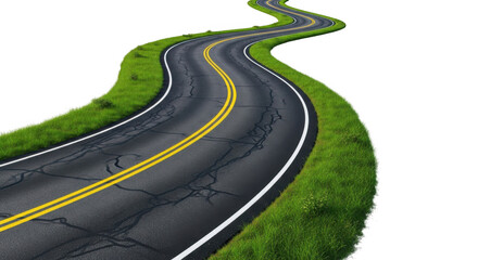 Winding asphalt road with green grass edges isolated on transparent background