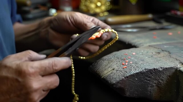 Artisan goldsmith creating intricate gold necklace with meticulous handcrafting at workshop bench
