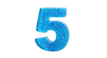 A bright blue icy number five with frozen texture isolated on transparent background