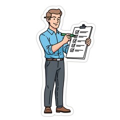 Focused man with a pen checking off items on a clipboard checklist, representing efficient task completion, successful project management, or survey participation