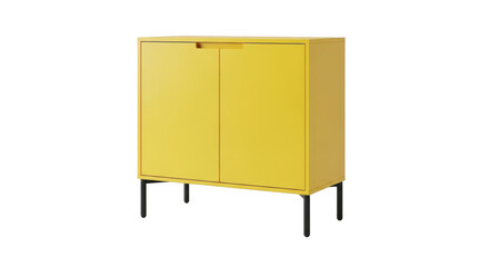 A bright yellow two door cabinet with black legs isolated on transparent background