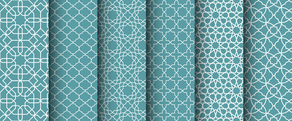 Moroccan seamless pattern set. Blue and white Islamic background. Mosque window grid mosaic arabic texture collection for cover, textile, fashion, backdrop, wallpapers, decoration