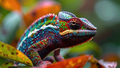 Vibrant Chameleon Reptile Perched on Branch with Colorful Leaves.