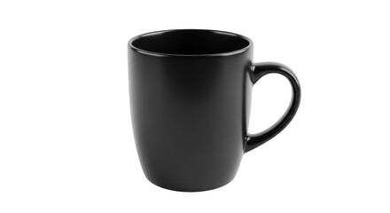 A tall sleek black ceramic mug with a comfortable handle isolated on transparent background