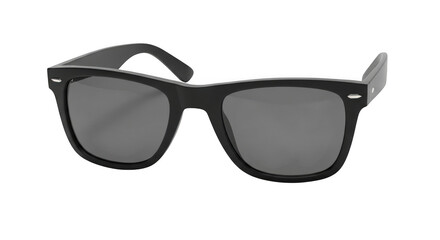 Classic black wayfarer style sunglasses with dark lenses isolated on transparent background