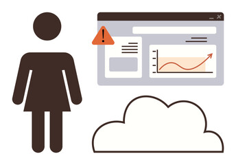 Female silhouette next to a cloud and a computer interface screen with a line graph and alert icon. Ideal for data management, cloud computing, analytics, error, security, technology, business