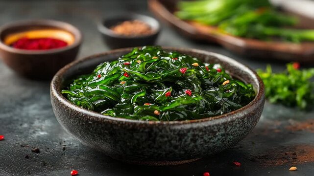 Fresh seaweed salad prepared with spices and served in a rustic bowl, highlighting vibrant green color and healthy ingredients