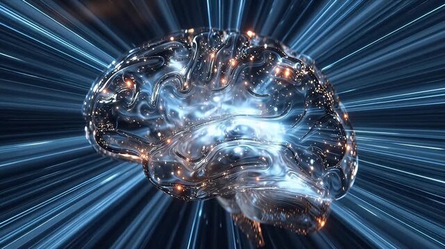 Transparent brain with glowing neural activity